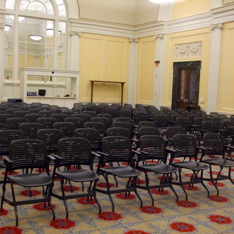 Image of the Ryerson Auditorium set up with ample seating.